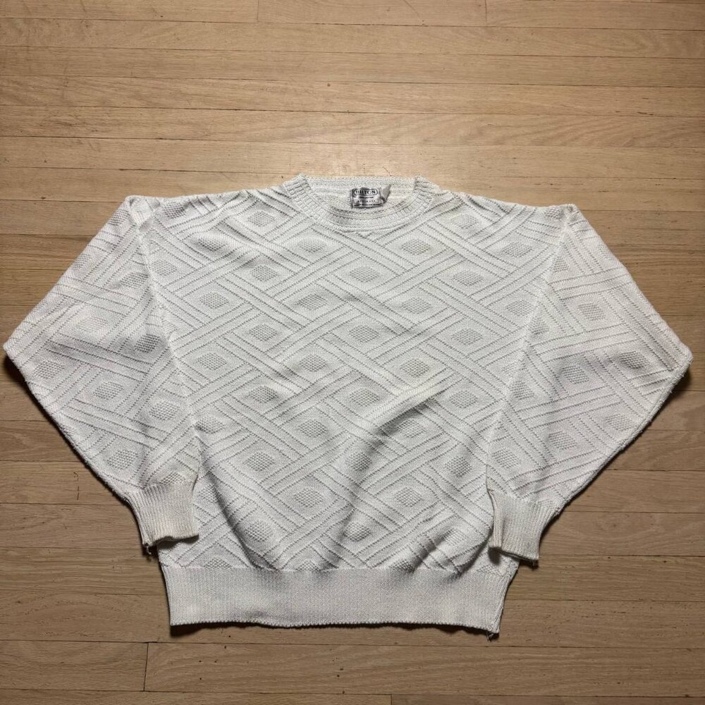 Vintage Hilton Men's Large Cream Cotton Knit Diamond Pattern Sweater USA